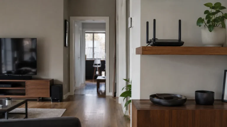 Wi-Fi router positioned on an open shelf in a multi-storey home.