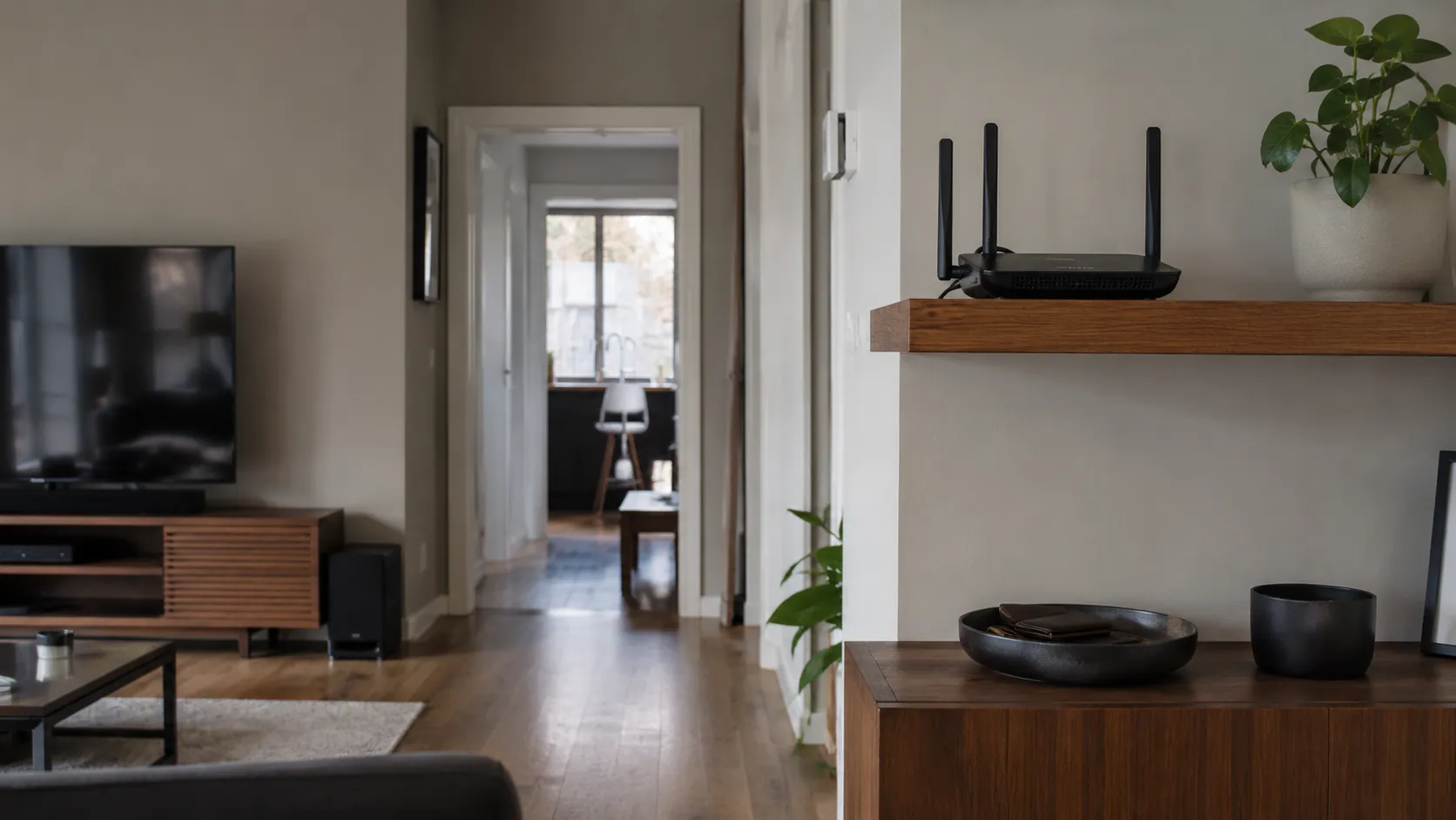 Wi-Fi router positioned on an open shelf in a multi-storey home.