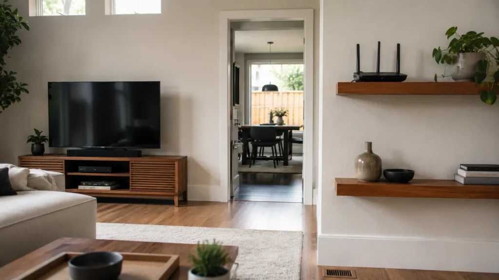 Wi-Fi router positioned openly on a raised shelf in a residential living room.
