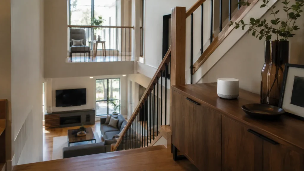 Mesh Wi-Fi node positioned near the staircase of a multi-storey home.
