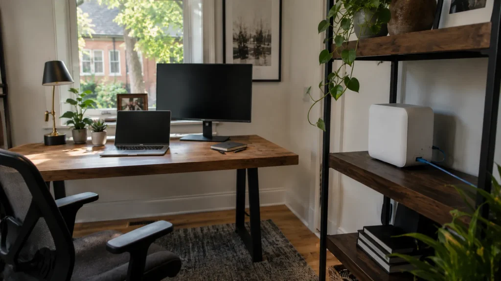 Home office with wired networking equipment connected by Ethernet.
