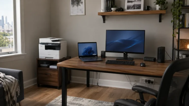 Home-office workstation with computer, printer, networking equipment, backup drive, and organized cables.