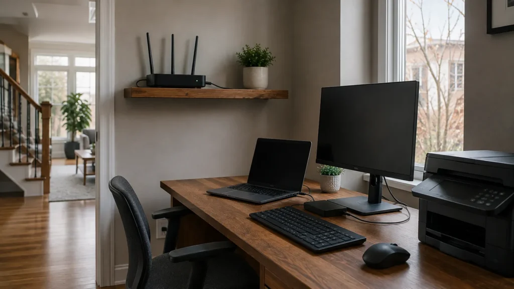 Home-office computer with Wi-Fi router positioned openly on a nearby shelf.
