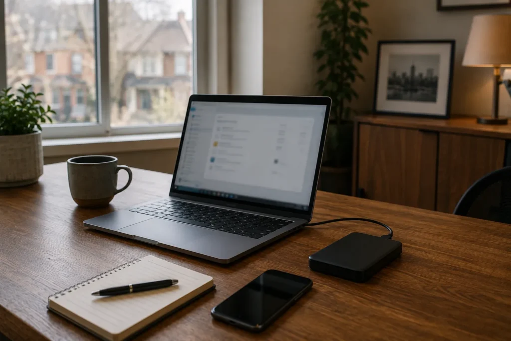 Laptop connected to an external backup drive with a smartphone and notebook nearby.
