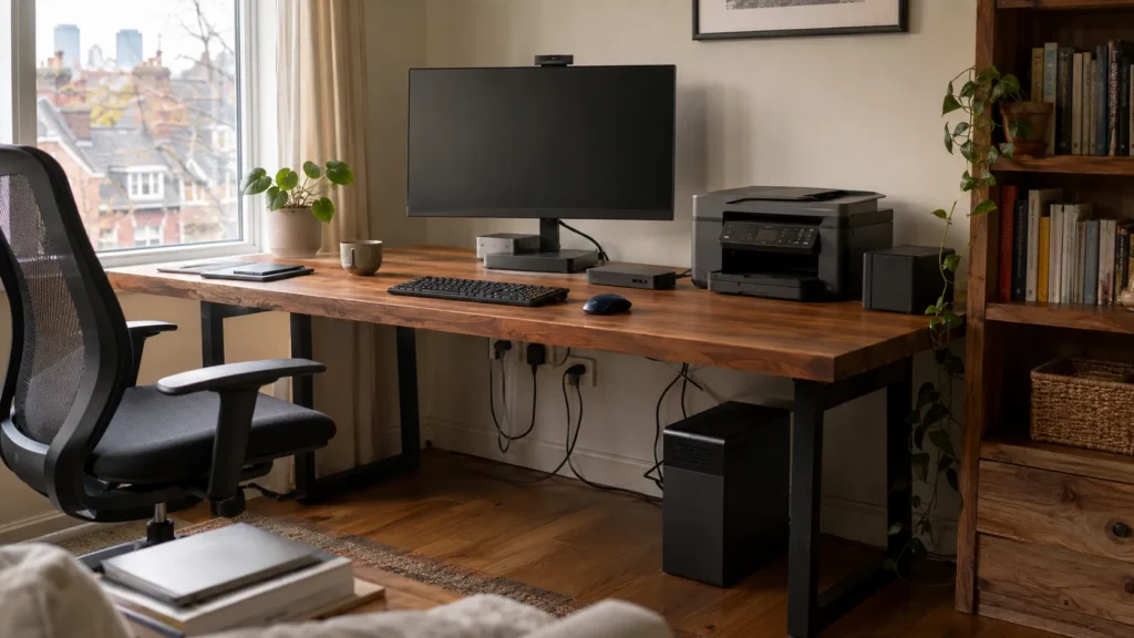 Home-office workstation with peripherals, UPS battery backup, and organized cables.
