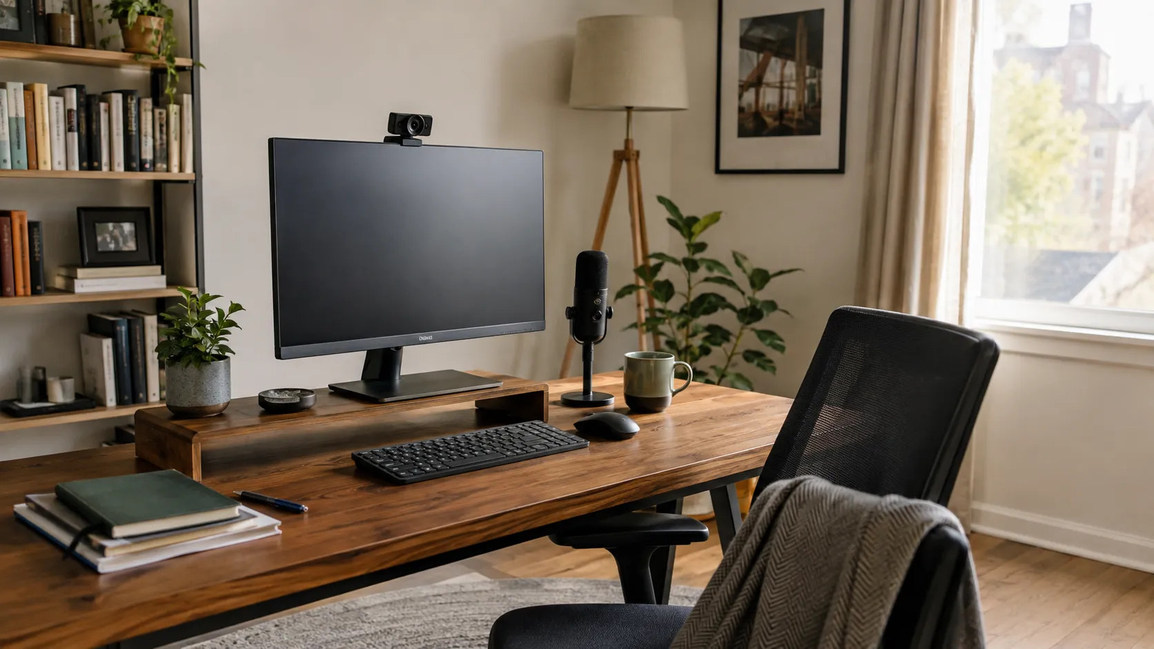 Home-office workstation arranged for reliable video conferencing.