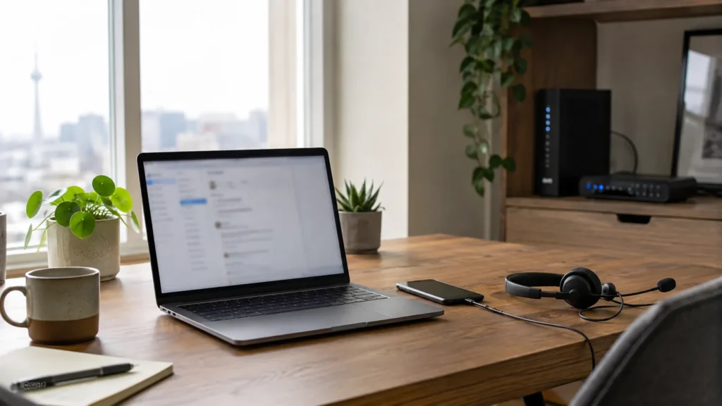 Home-office workstation with smartphone and wired headset available as a backup.
