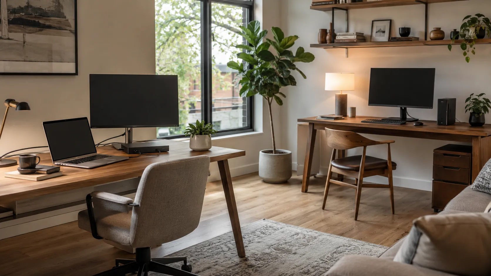 Laptop and desktop workstation options arranged in a residential home office.