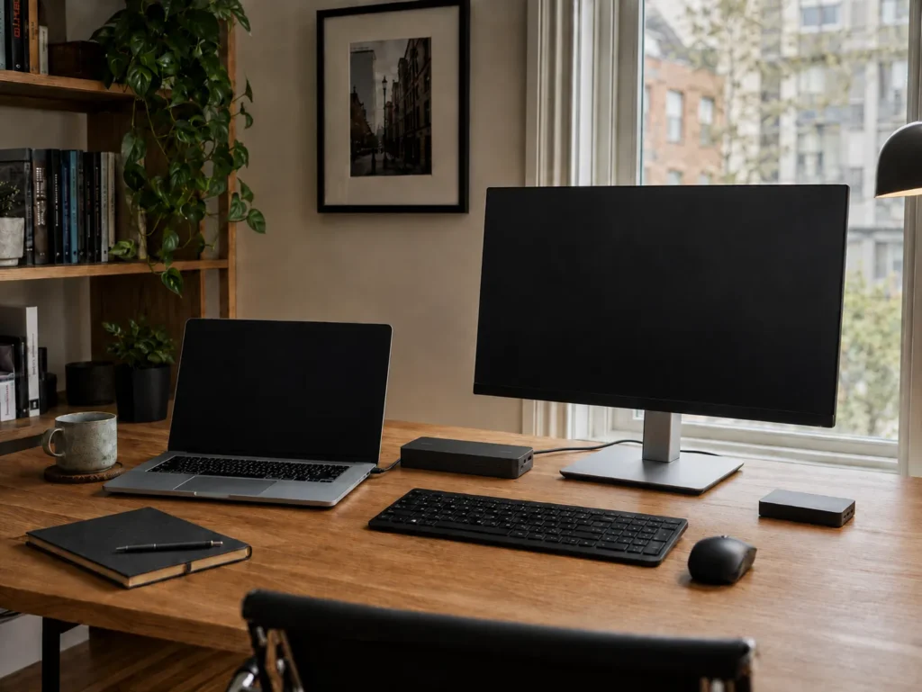 Laptop connected to a monitor, dock, keyboard, mouse, and Ethernet in a home office.

