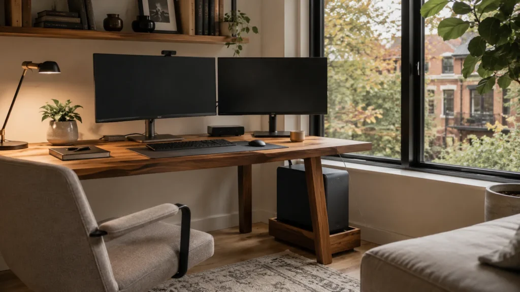 Permanent desktop workstation with multiple monitors and connected peripherals.
