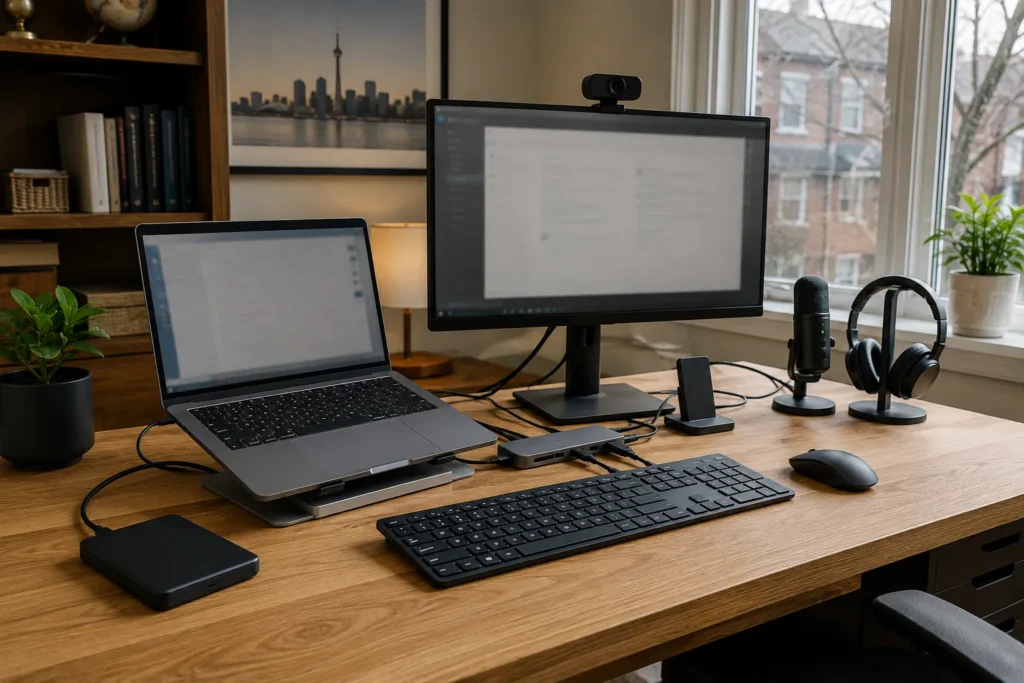 Home-office computer setup with dock, monitor, webcam, external drive, and cables.
