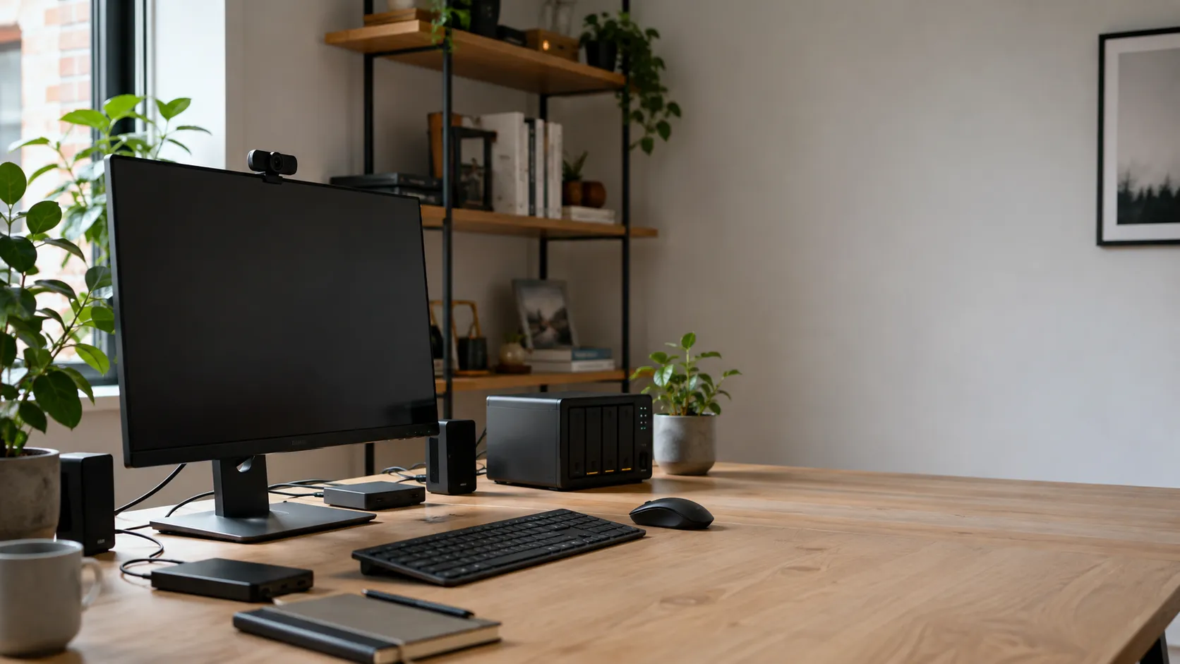 Small-business workstation with computer, external backup drive, and network storage.