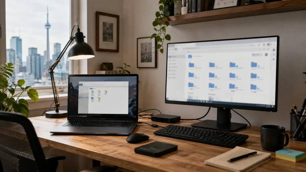 Business computer with local storage and cloud file access.
