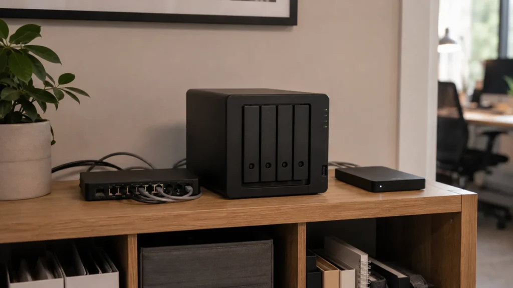 Small-business network storage with a separate external backup device.
