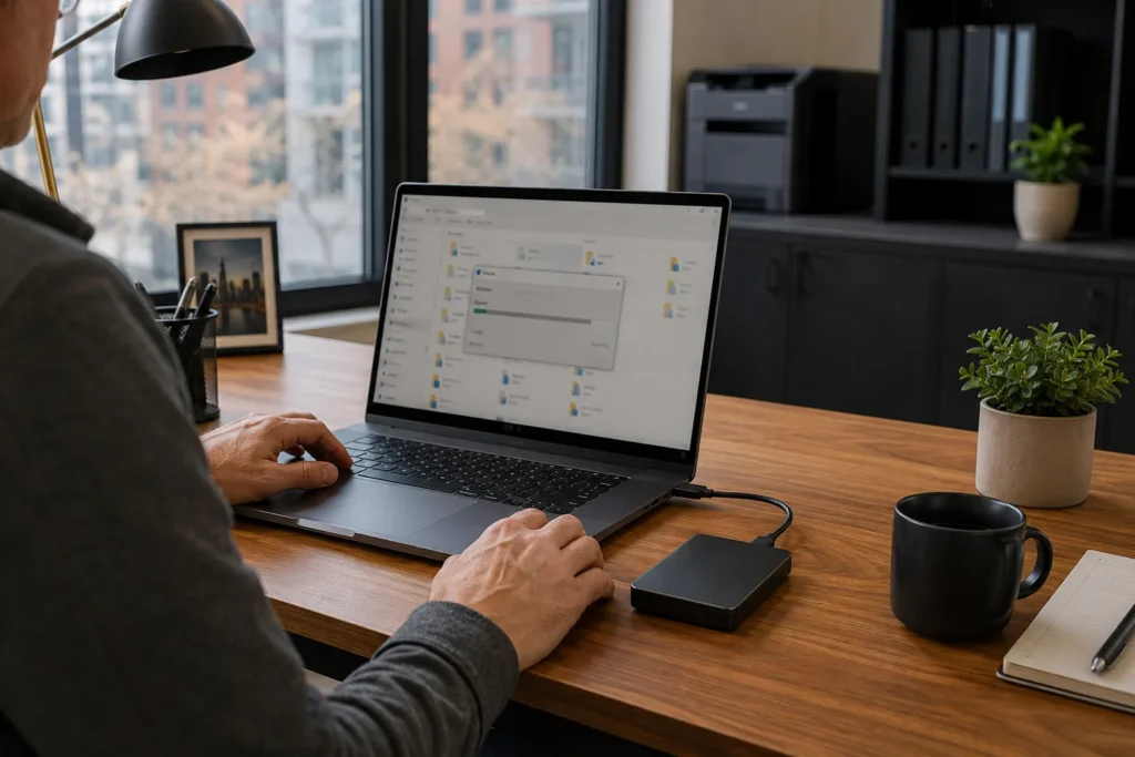 Backup recovery being tested from an external drive on a business computer.
