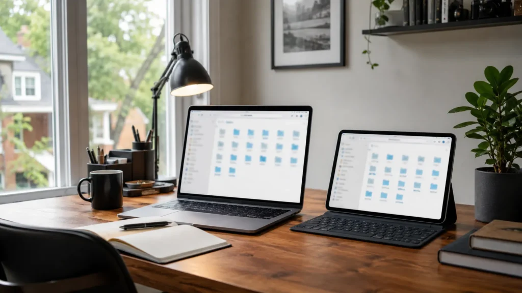 Business files available across multiple devices through cloud synchronization.
