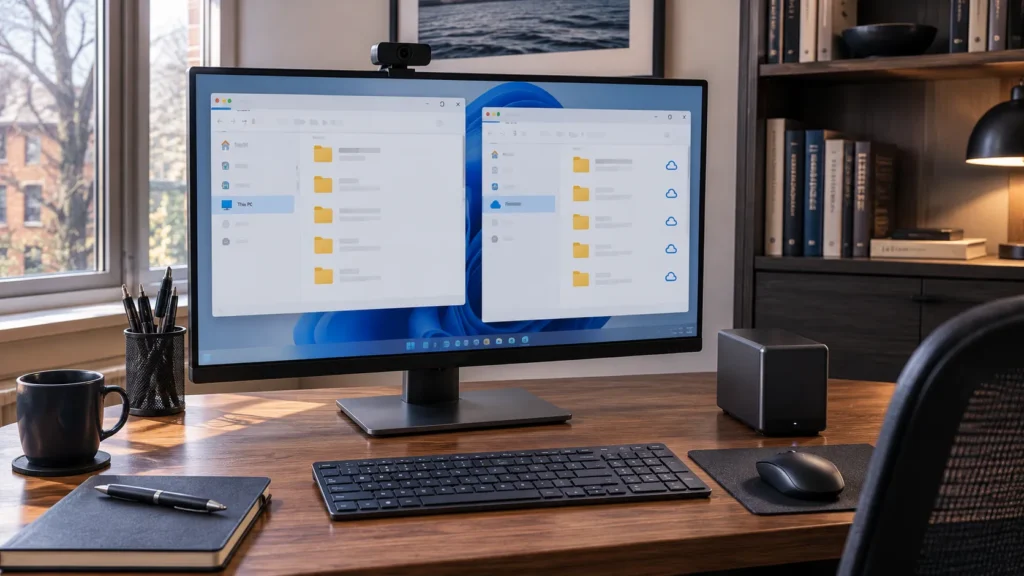 Computer showing local files alongside a separate cloud-synced folder.
