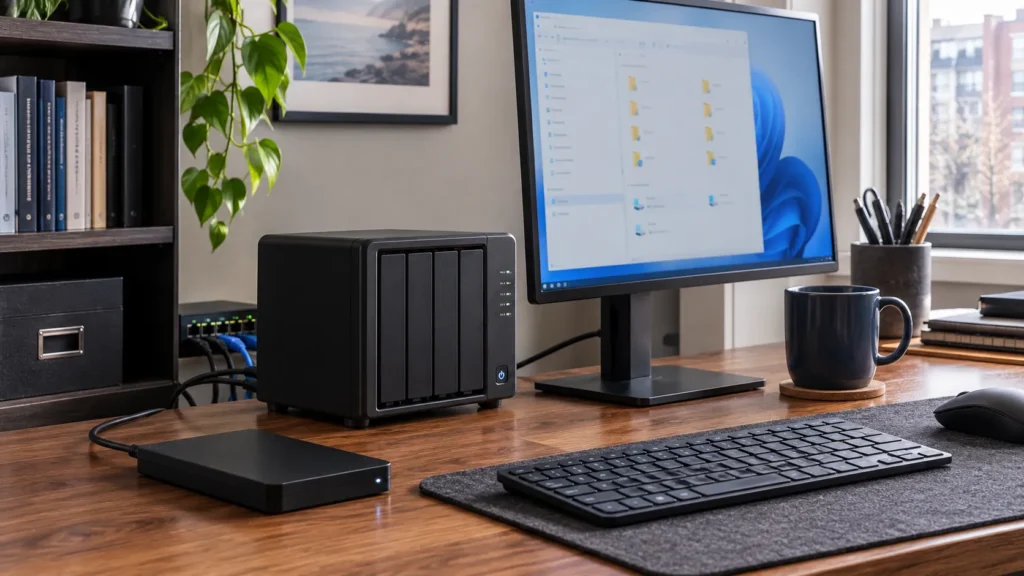 External backup drive and network storage connected to a business workstation.
