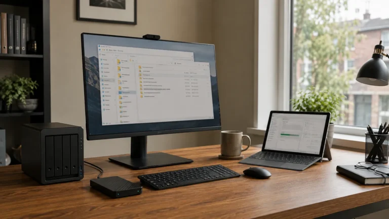 Small-business workstation with local and remote backup systems.
