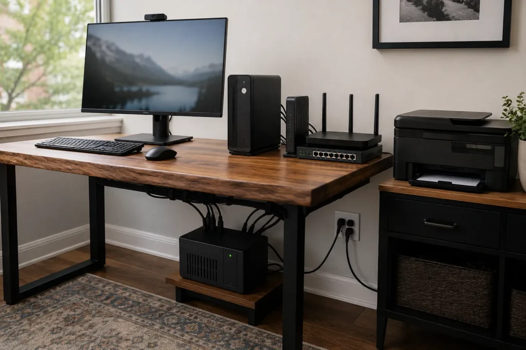 Computer and essential equipment connected to a UPS while non-critical devices remain separate.

