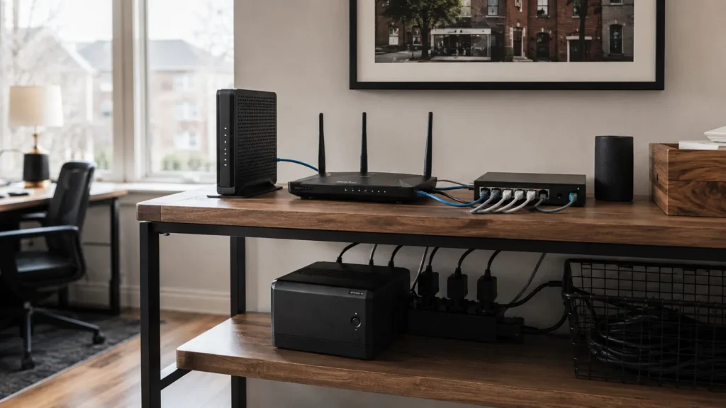 Modem and Wi-Fi router connected to a UPS battery backup.
