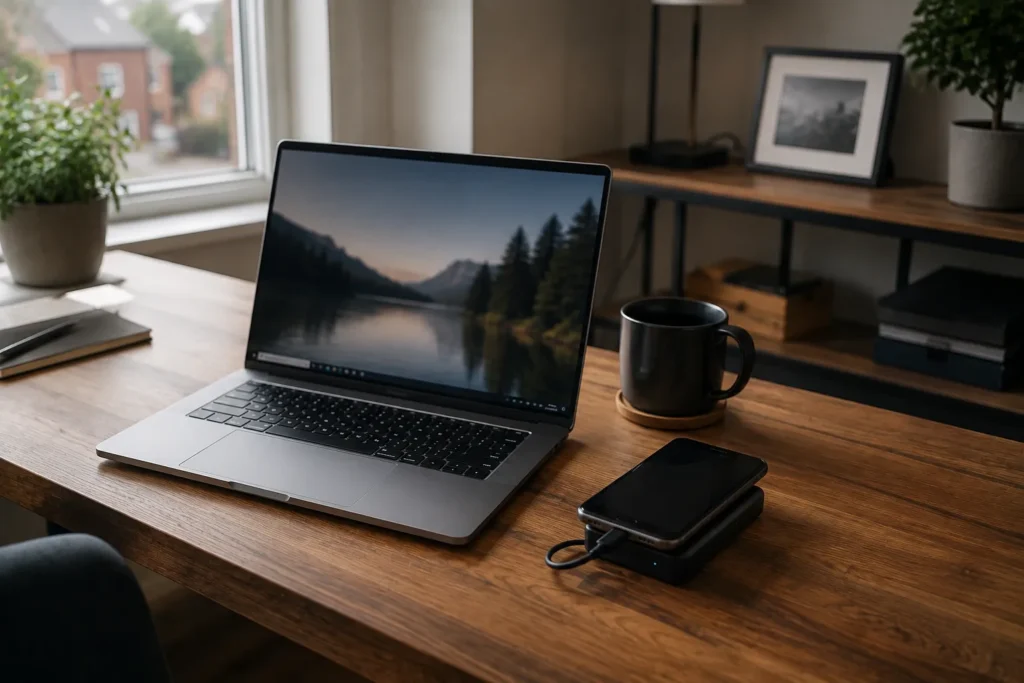 Laptop using a smartphone hotspot as a temporary internet connection.
