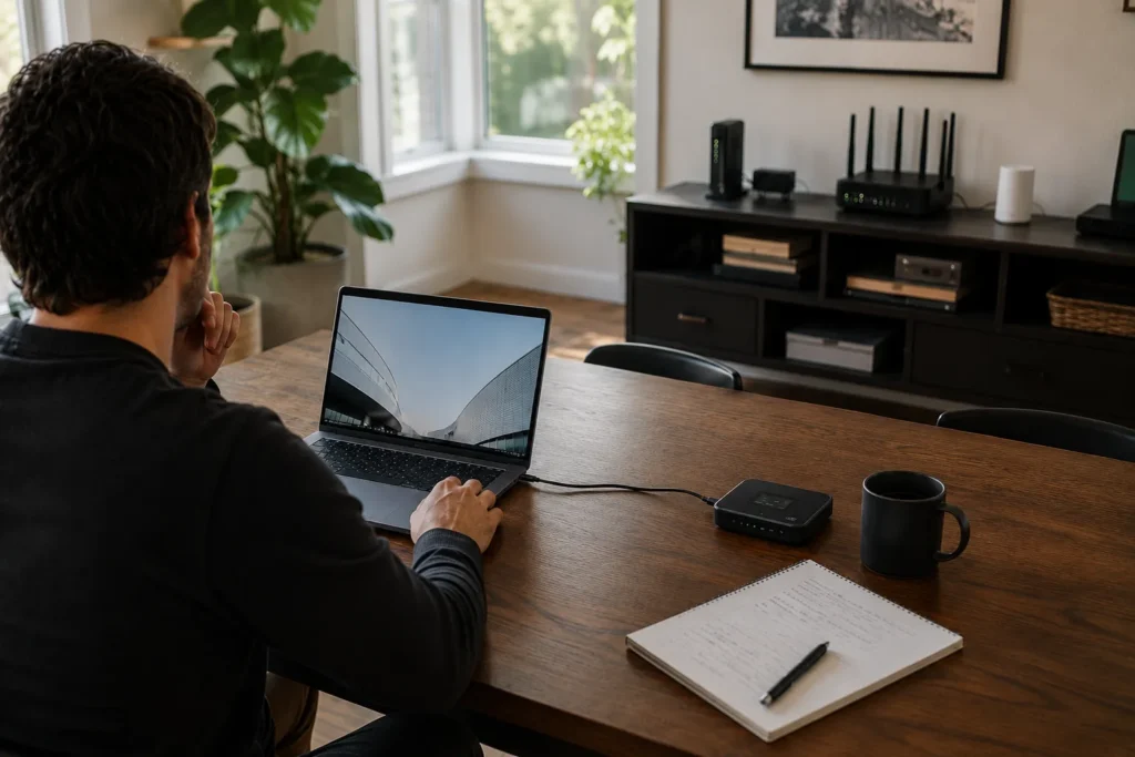 Home-office backup internet connection being tested before an outage.
