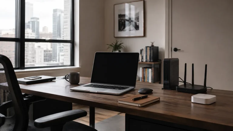 Home-office workstation with primary internet equipment and a separate cellular backup connection.