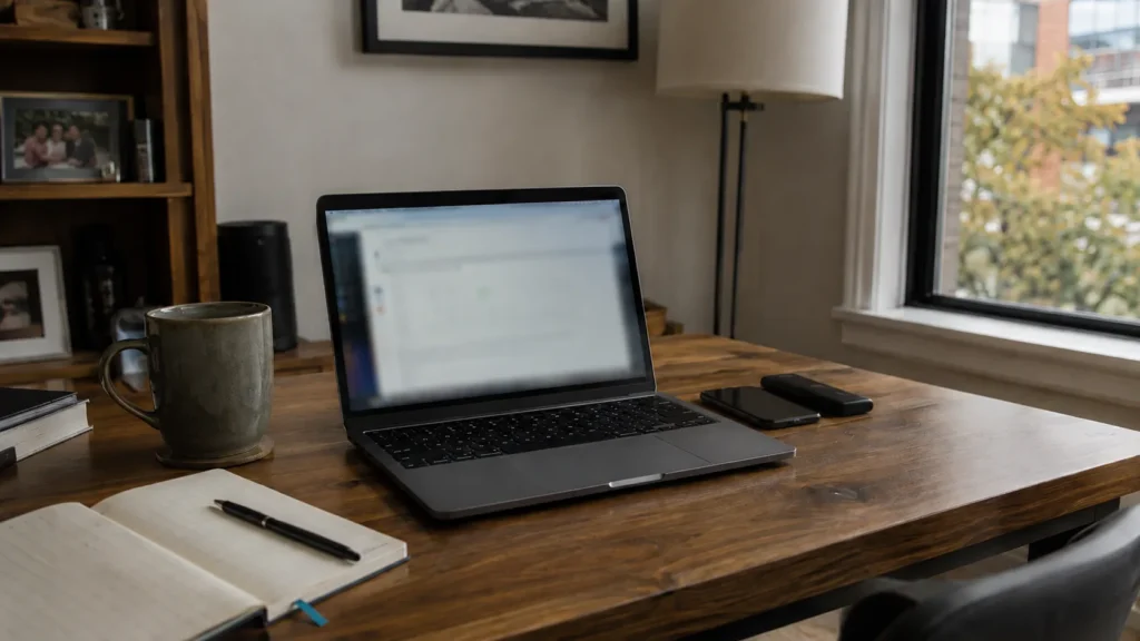 Laptop connected to a smartphone hotspot as a backup internet connection.
