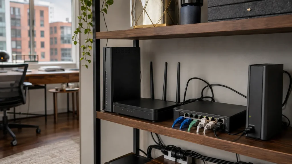 Small-business network with primary internet equipment and a dedicated cellular backup router.
