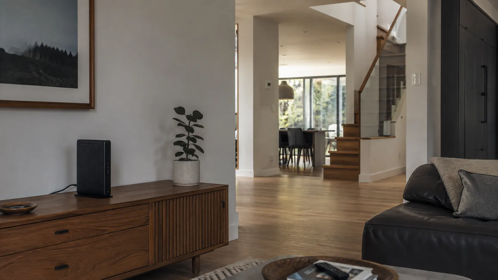 Wi-Fi router and wireless node positioned on different levels of a multi-storey home.