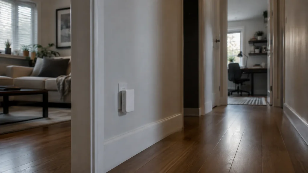 Wi-Fi extender positioned in a hallway between two areas of a home.
