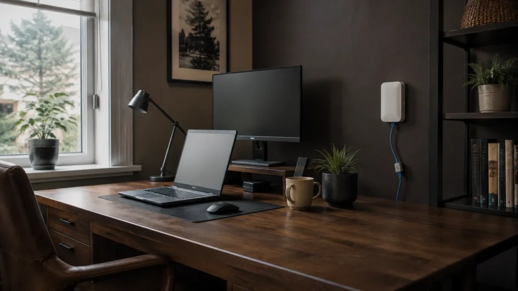Home-office networking equipment connected through Ethernet.
