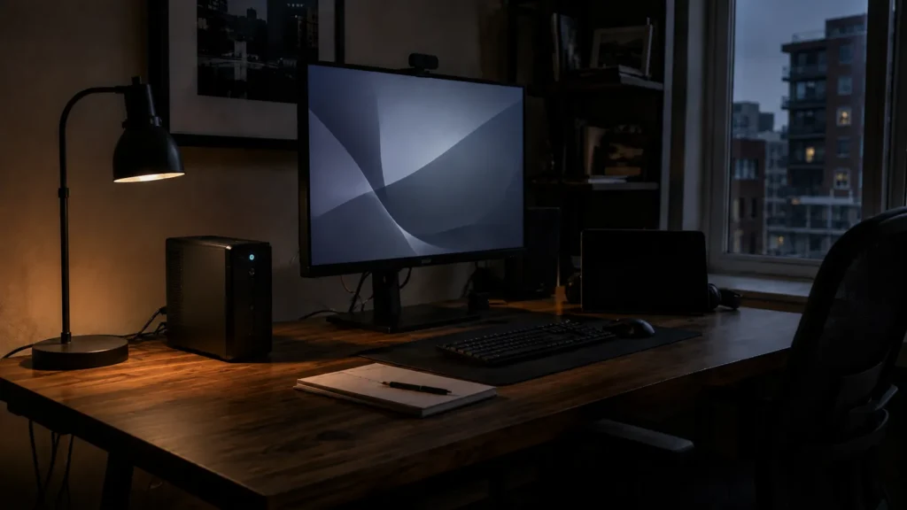 Desktop computer and primary monitor operating on a UPS battery backup.
