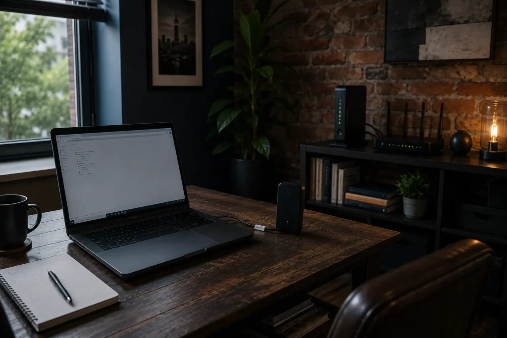 Laptop using a cellular hotspot as a backup connection during a power outage.
