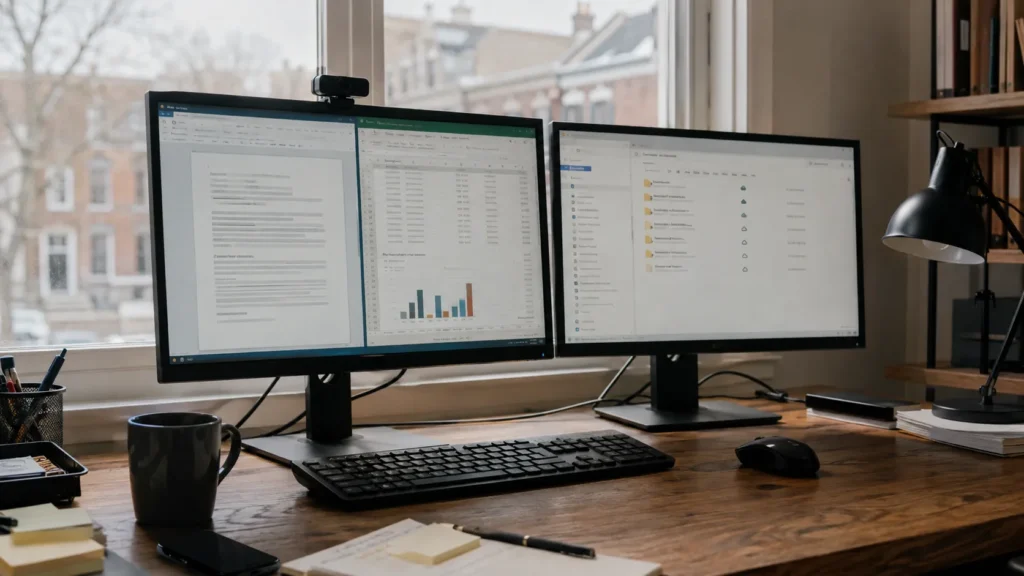 Business computer using desktop office applications with cloud-synchronized files.
