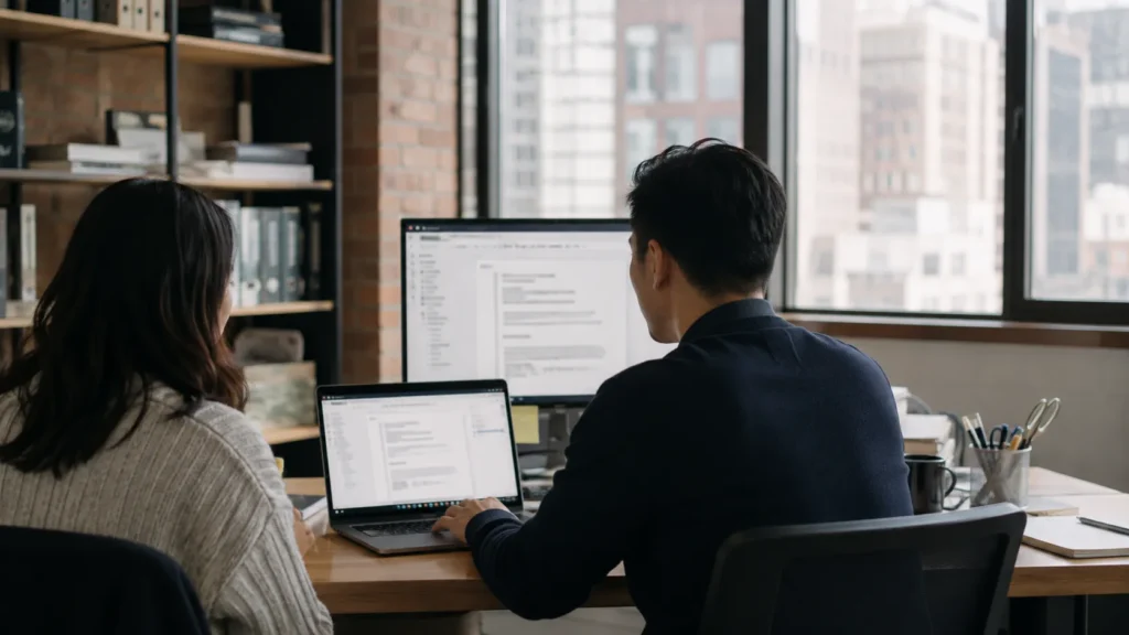 Small-business team collaborating on a shared browser-based document.
