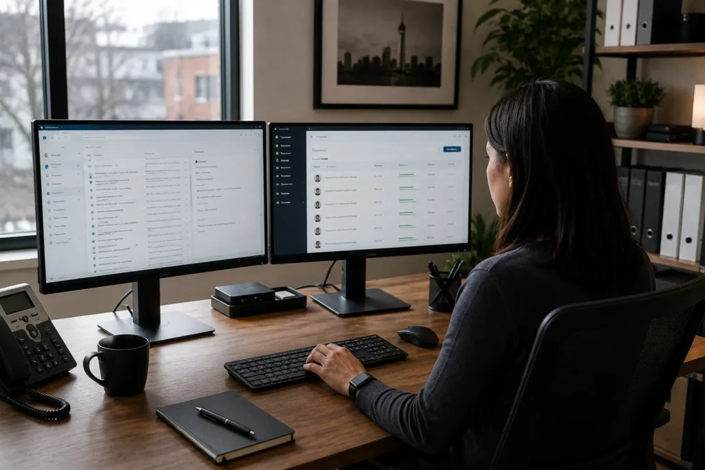 Business email and user-account administration being managed from an office workstation.
