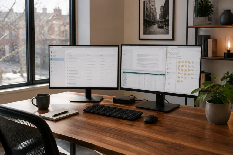 Small-business workstation showing business email, documents, spreadsheets, and cloud files.