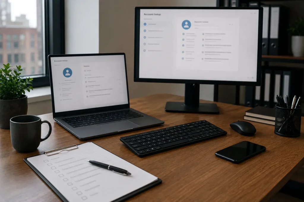 New employee computer being prepared with business accounts and office equipment.
