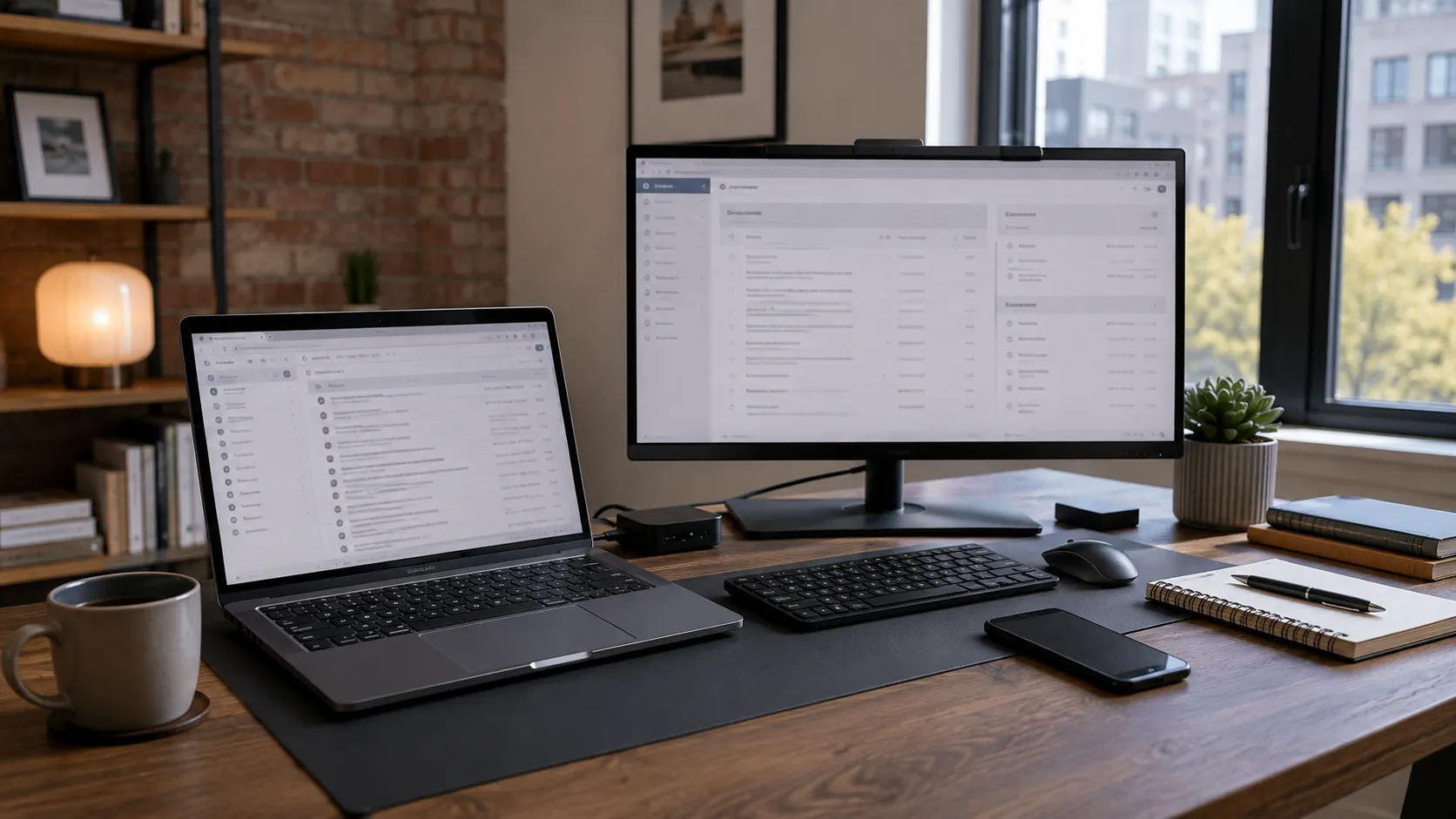 Small-business workstation showing a business email inbox and account administration.