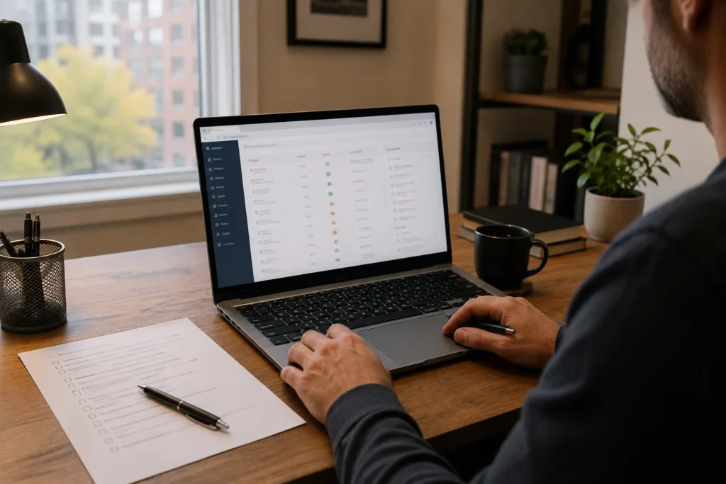 Business domain and email configuration being reviewed at a workstation.