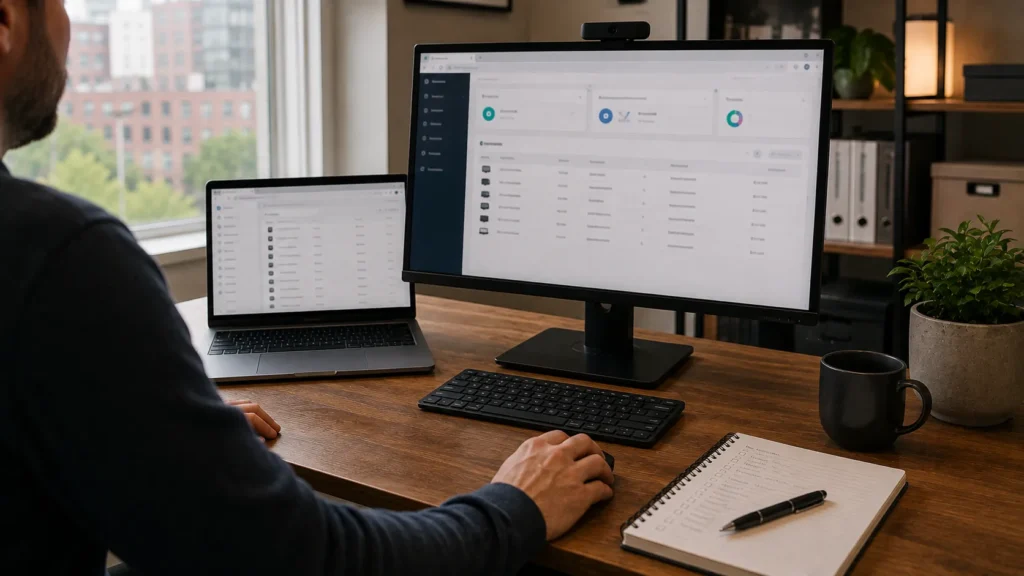 Small-business computers and cloud accounts being reviewed.
