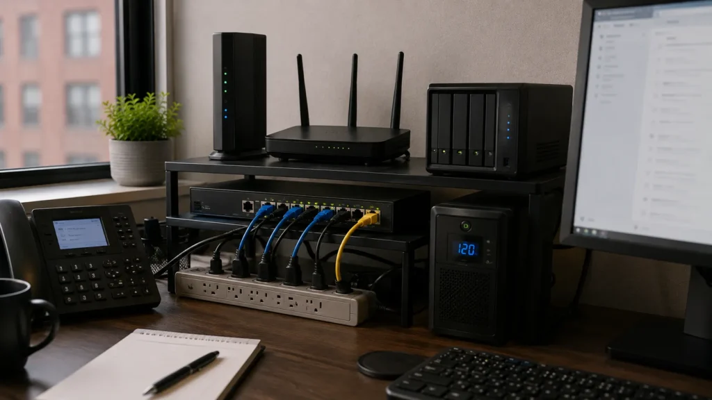 Router, UPS, network equipment, and backup storage being reviewed in a small office.
