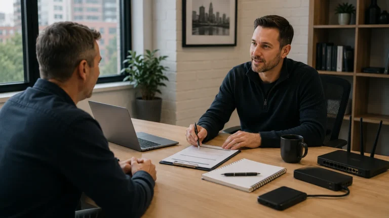 Small-business owner discussing IT support needs with a technology consultant.