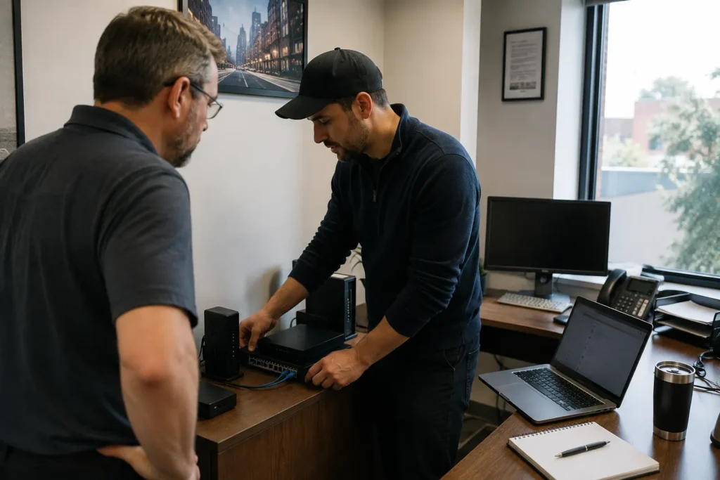 Technology consultant checking network equipment in a small business office.
