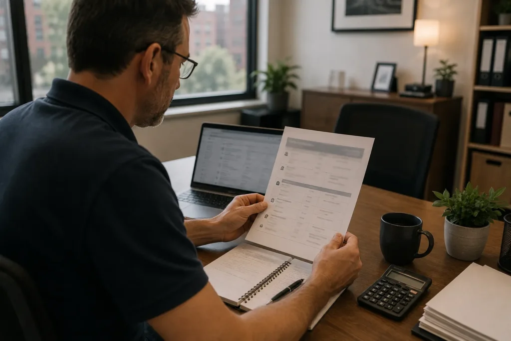Small-business owner reviewing an IT support proposal at an office workstation.
