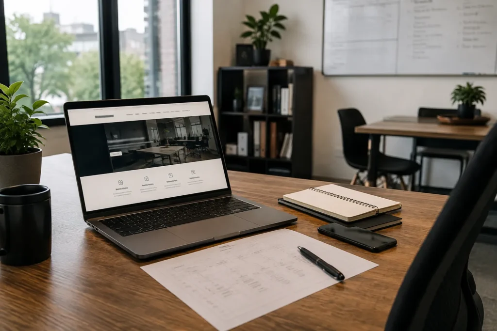 Small-business website structure being reviewed on a laptop.
