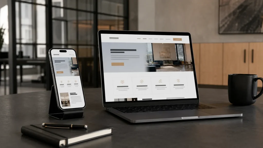 Small-business website shown across desktop and mobile layouts.
