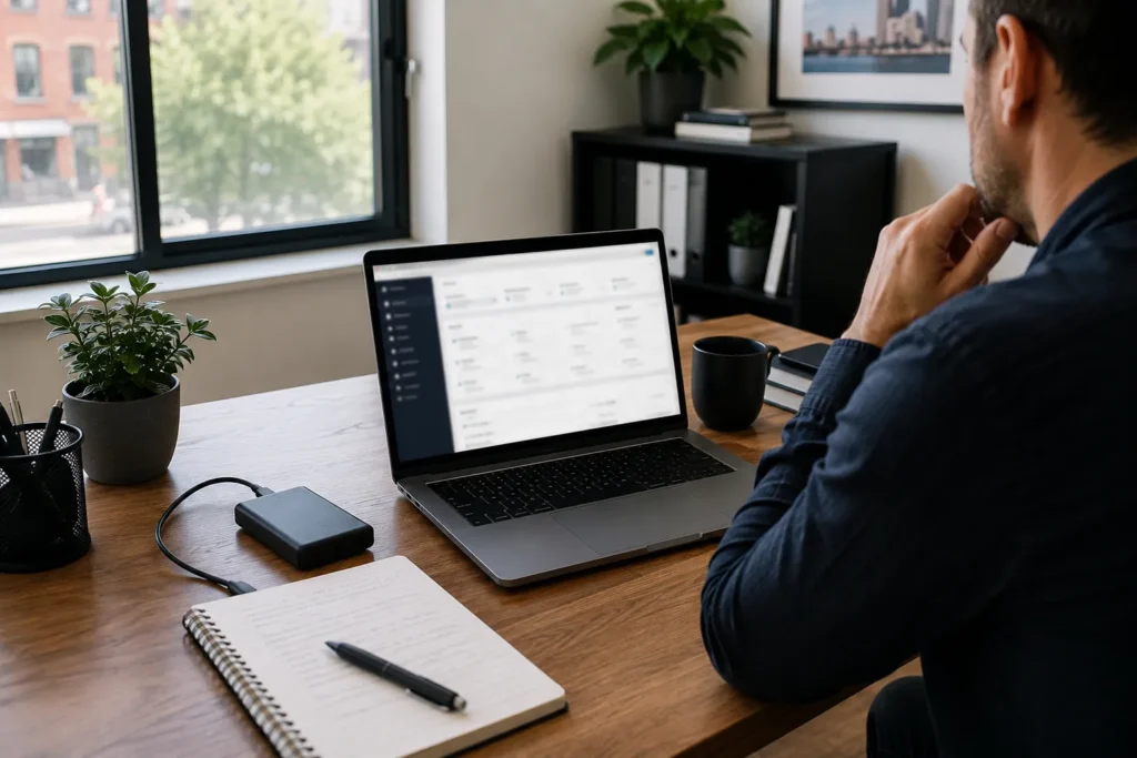 Website administration and maintenance being reviewed at a workstation.
